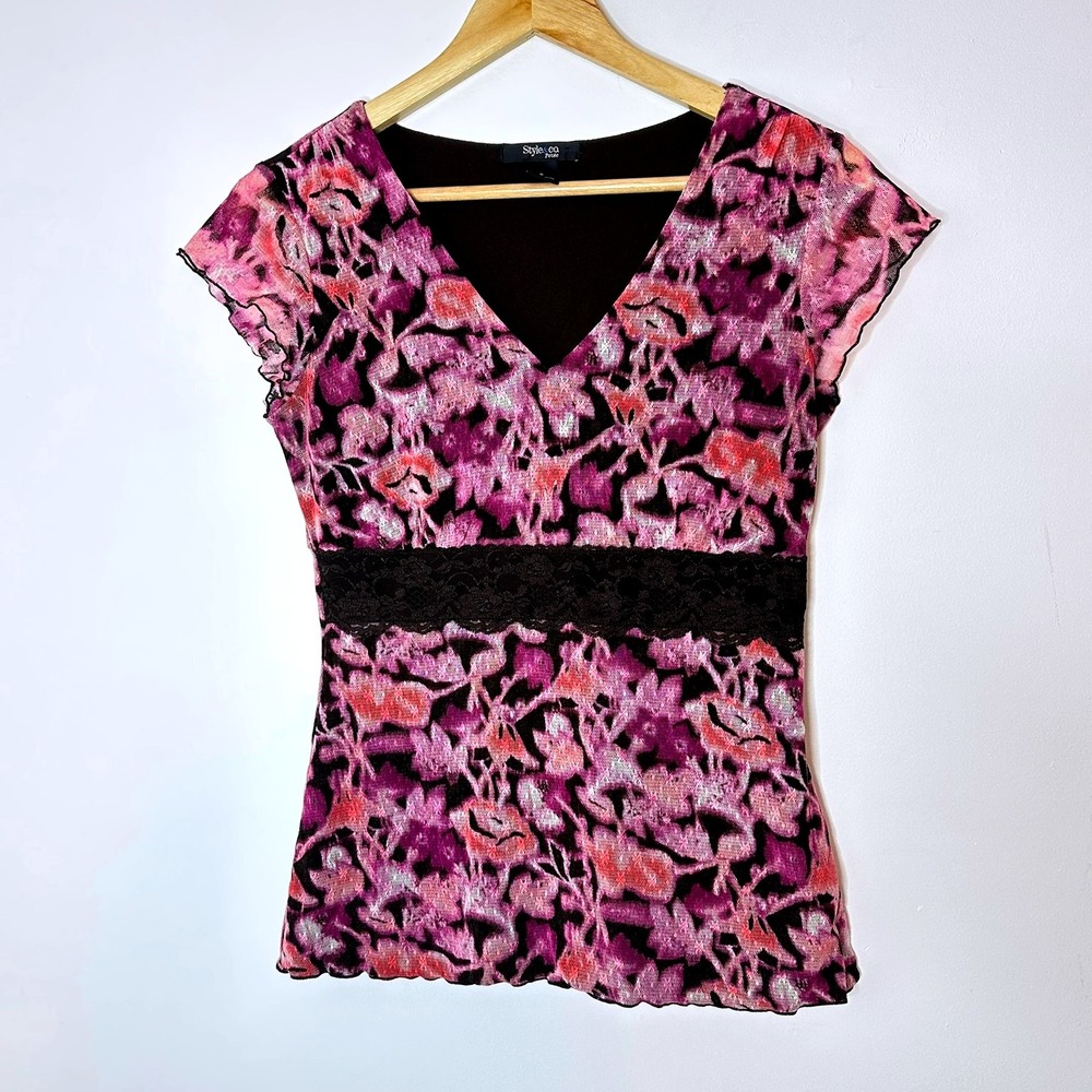 Style‎ & Co Petite Floral Mesh Top Pink V Neck Lace Waist Size S Y2K babydoll